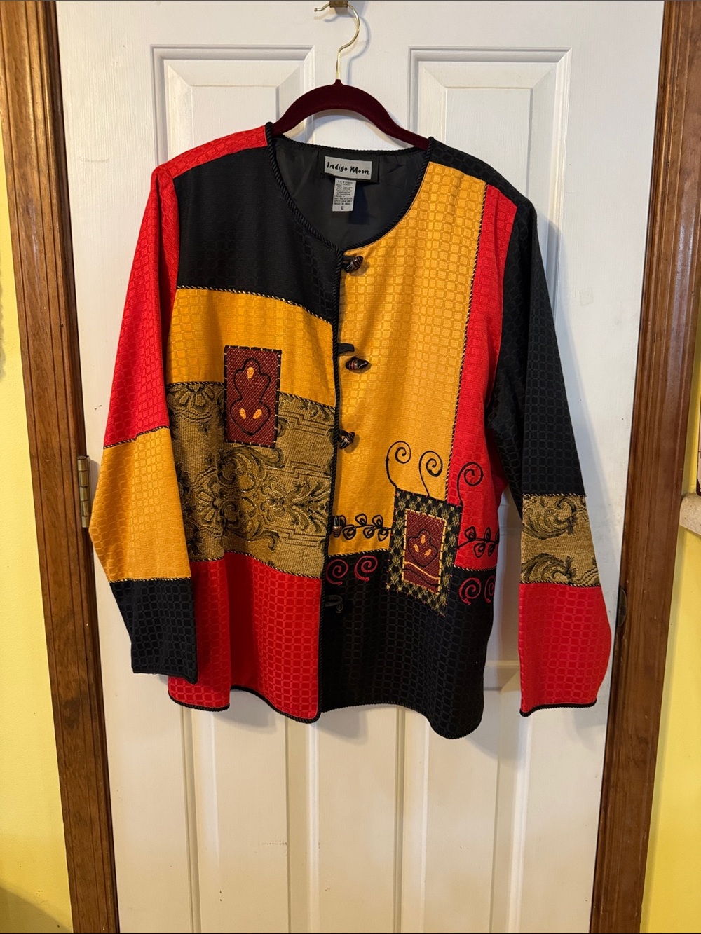 Indigo Patchwork Button-Front Casual Shirt in Red, Yellow, Black